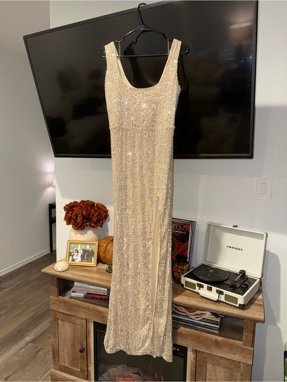 Fashion Nova Sequin Champagne Maxi Dress